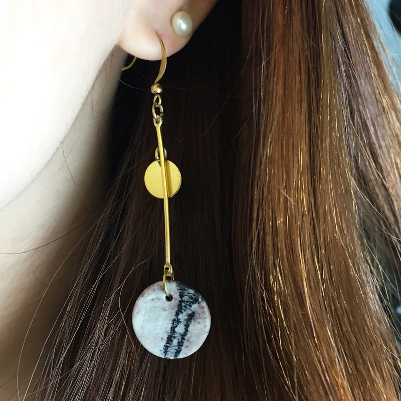 可改夾式-黃銅網紋石耳環 - 圓緣 -單1支 - 耳環/耳夾 - 石頭 黃色