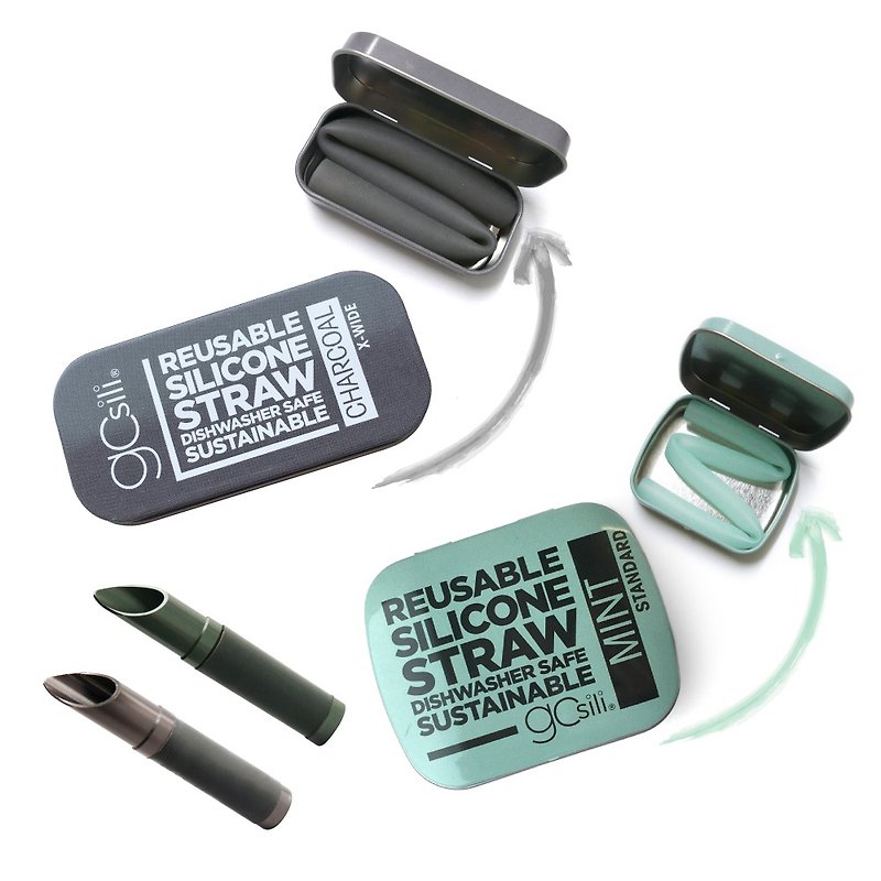 Silicone Straw Pocket Set + Cutting Tool (2 Sets) Green Gray Partner - หลอดดูดน้ำ - โลหะ สีเขียว
