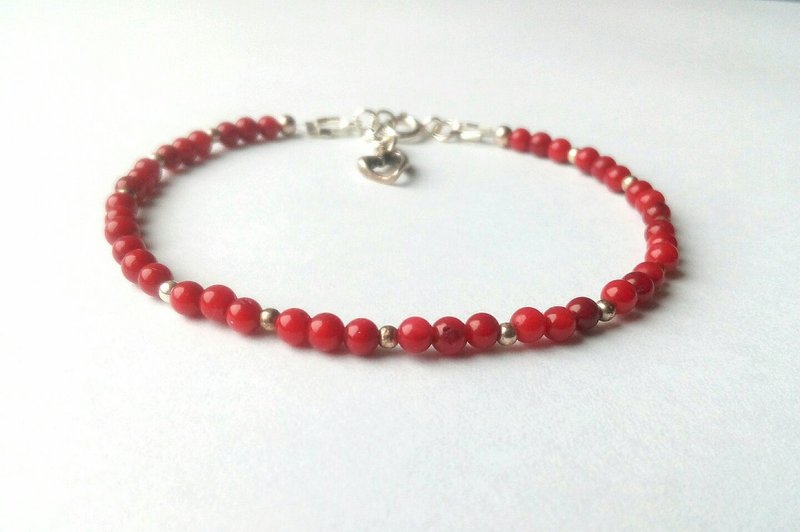 Coral stone bracelet, heart shaped pendant,  925 Silver, Pisces stone, Love gem - 項鍊 - 水晶 紅色