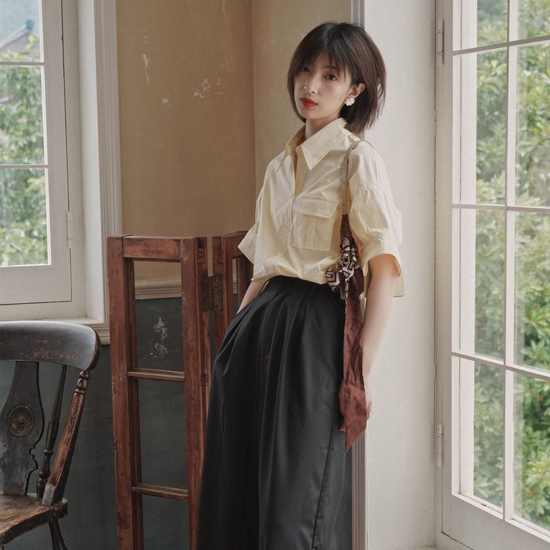 French lapel tooling shirt|Shirt|Summer|Cotton|Sora-517 - เสื้อเชิ้ตผู้หญิง - ผ้าฝ้าย/ผ้าลินิน 
