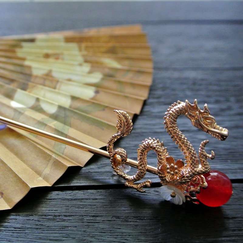 Dragon Hairpin (Second Edition) - เครื่องประดับผม - ทองแดงทองเหลือง สีแดง