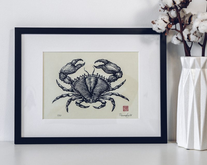 Original Drawing Sea crab Linocut print Handmade Nautical wall decor Animals - Wall Décor - Paper Black