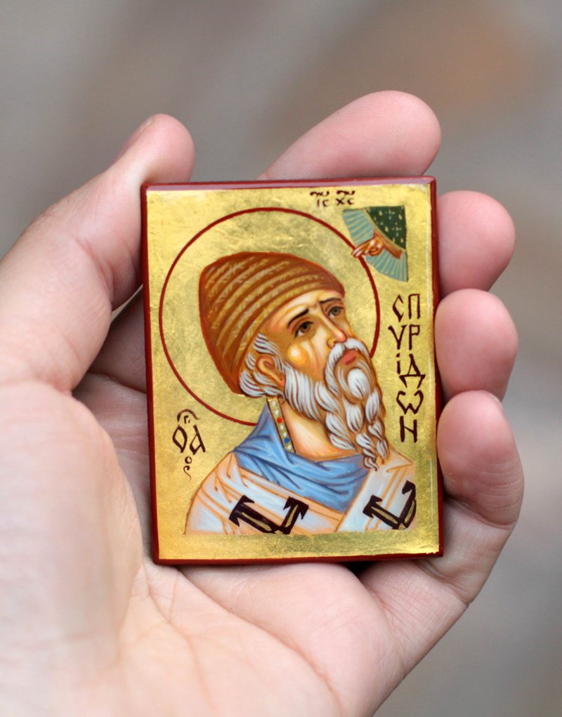 hand painted orthodox wood icon Saint Spyridon Trimifunt pocket size miniature - 其他 - 木頭 金色