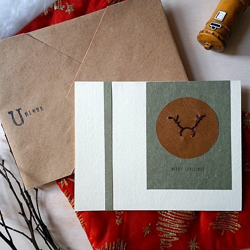 Hand-stitched image Christmas card (Christmas deer) (original) - การ์ด/โปสการ์ด - กระดาษ หลากหลายสี