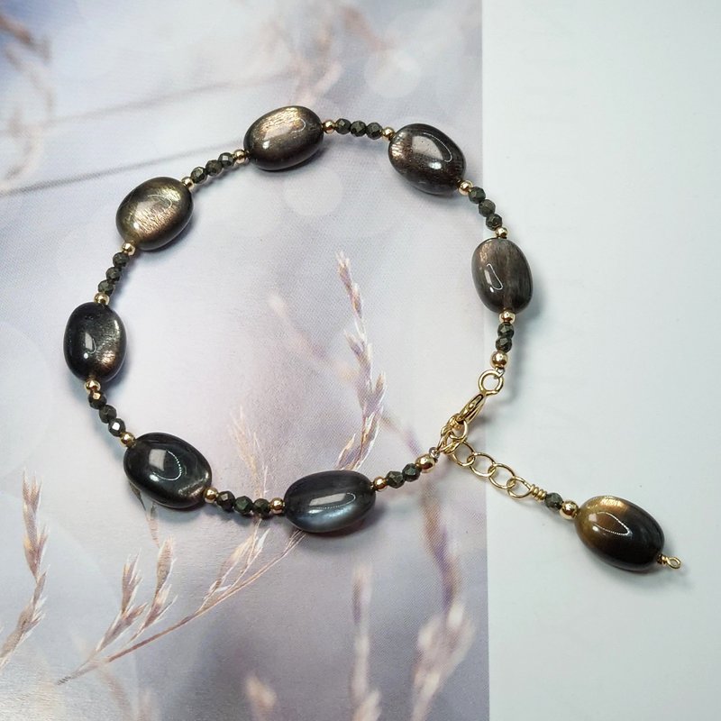 Bracelet, Black Sunstone, Pyrite, Gold Filled, Handmade Jewelry - สร้อยข้อมือ - เครื่องเพชรพลอย 