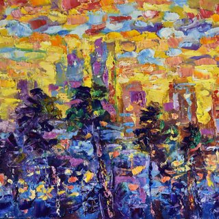 Cityscape Painting California Original Art Los Angeles Sunset  Skyline 油畫原作