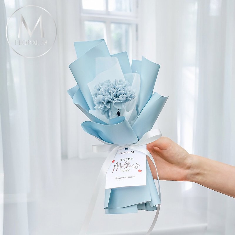 French single carnation eternal bouquet Glacier Blue (comes with Mother’s Day blessing card) - ช่อดอกไม้แห้ง - พืช/ดอกไม้ สีม่วง