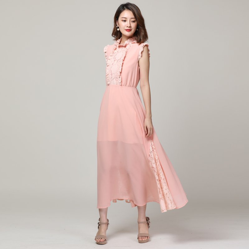 超顯瘦 設計師款 少量訂製【蕾絲雪紡拼接 連衣裙】長洋裝 - 洋裝/連身裙 - 其他材質 