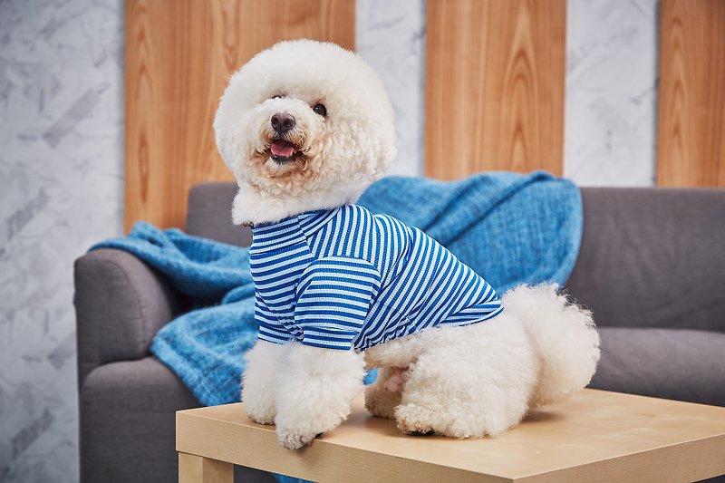 【毛公爵】寵物衣 舒適條紋棉T 藍 - 寵物衣服 - 棉．麻 