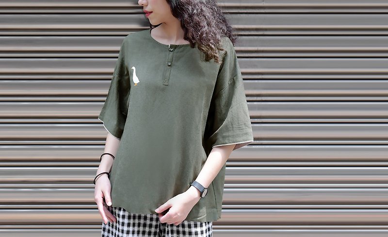 [Last one] My old white goose - loose cotton and linen forest top - Women's T-Shirts - Other Materials Green