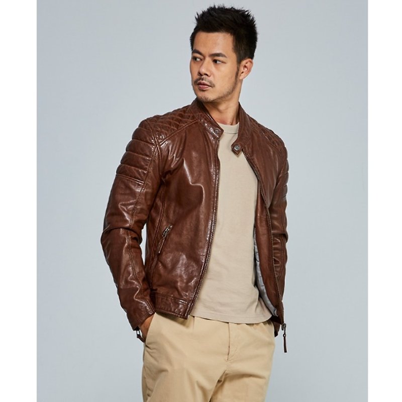 [Germany GIPSY] GMDonnie diamond shoulder line sculptural sheepskin jacket | amber Brown - Men's Coats & Jackets - Genuine Leather Brown
