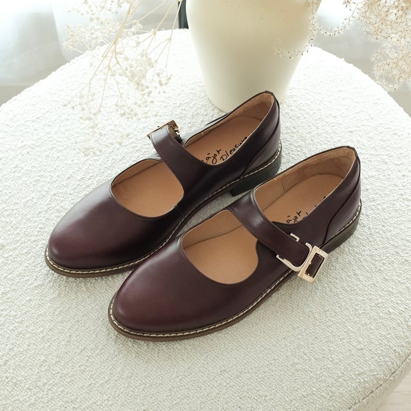 Juilliard School! Wide and generously buckled Mary Jane shoes burgundy full leather MIT-Burgundy - รองเท้าหนังผู้หญิง - หนังแท้ สีแดง