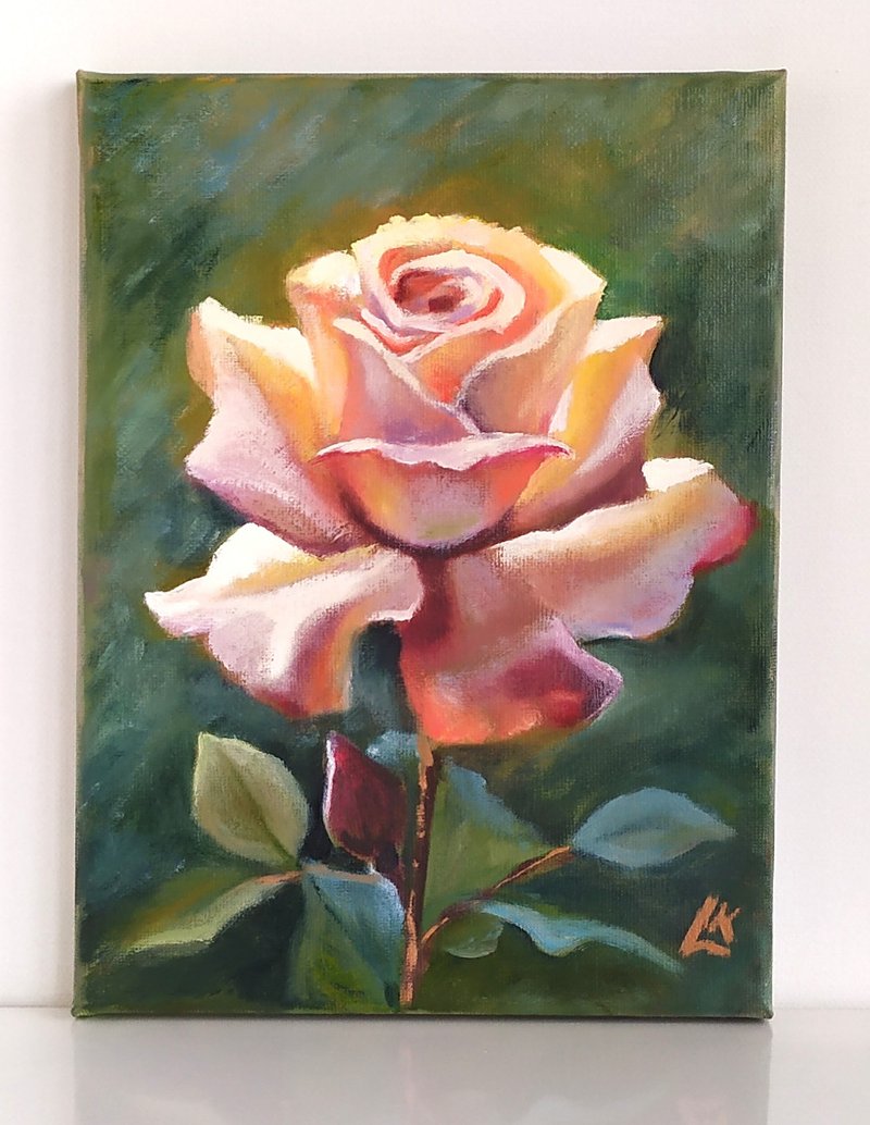 Rose Original Oil Painting on Canvas Flower Pink Painting Rose Art Gift For Her - โปสเตอร์ - ผ้าฝ้าย/ผ้าลินิน หลากหลายสี