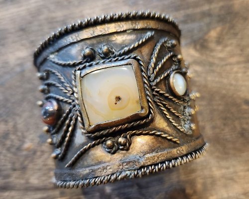蘇妃古董秘室 復古瑪瑙錫色寶石手鐲均碼開口手環【情人節禮物】