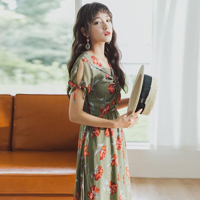 Anne Chen 2018 summer new sleeves with large flower dress dress YMX8313 - One Piece Dresses - Polyester Green