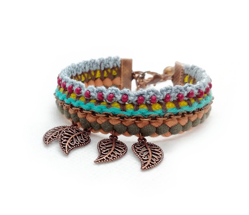 Woven Bracelet for Women, Multicolored Leaf Charm Bracelet, Bohemian Bracelet - Bracelets - Cotton & Hemp Multicolor