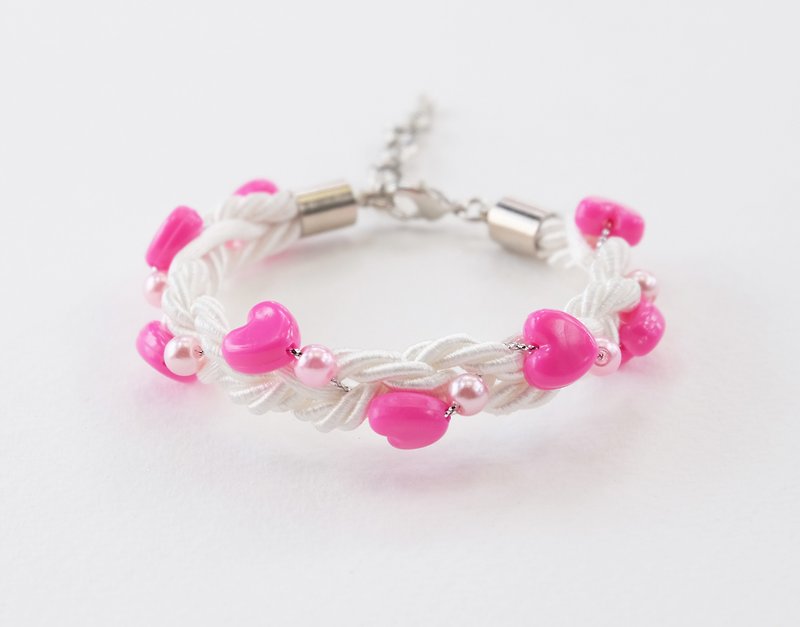 Valentine collection pink heart white braided bracelet - สร้อยข้อมือ - วัสดุอื่นๆ สึชมพู
