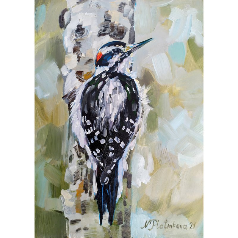 Woodpecker painting Bird Original Art Animal Artwork bird fine art oil painting - 海報/掛畫/掛布 - 其他材質 多色