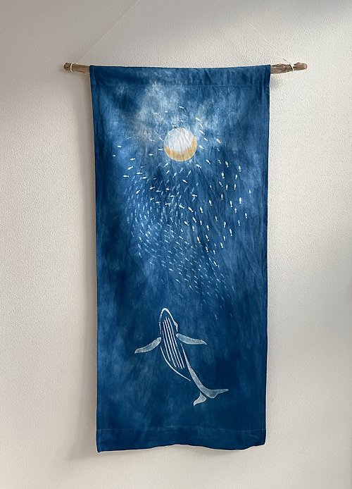 BLUE PHASE 日本製 手染め Tapestry Sardine run, Whale & Moon 2 鰯鯨月 Indigo dyed 藍染 絞り shibori