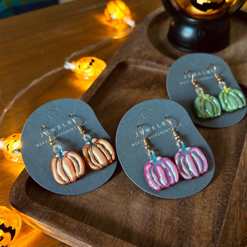 Halloween limited edition embossed pumpkin earrings - ต่างหู - วัสดุอื่นๆ สีส้ม