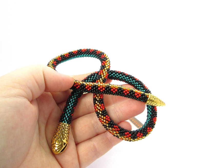 Garter snake Beaded necklace Ouroboros jewelry Serpent rope bracelet Witch jewel - 手鍊/手鐲 - 其他材質 多色
