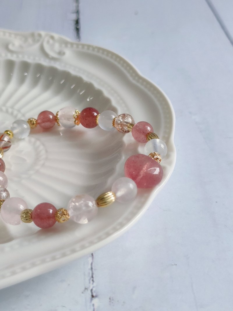 Raspberry Heart of Love - Handmade Crystal Bracelet for Love and Peach Blossom Luck Strawberry Crystal/Moonstone/Powder Quartz - Bracelets - Crystal Pink