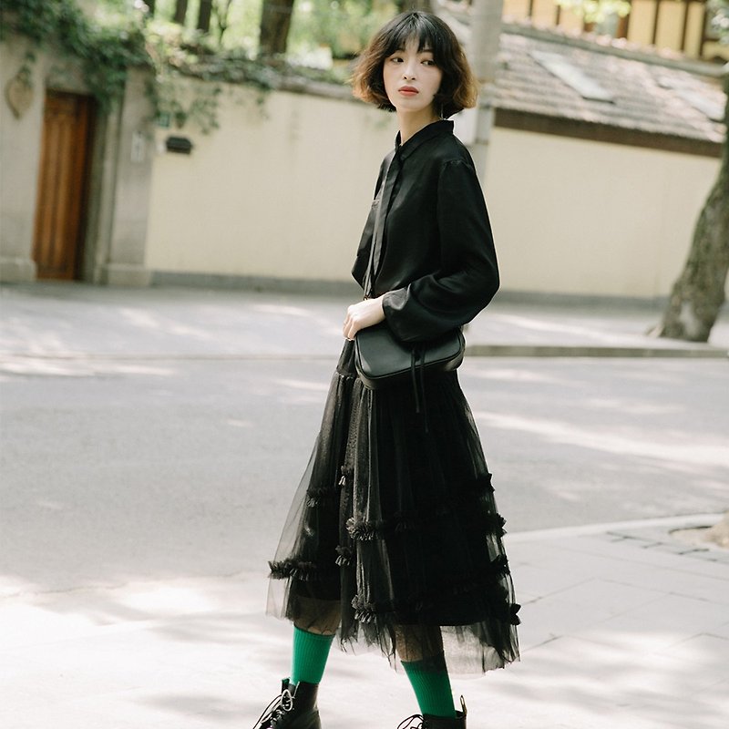 Elasticated high-waisted wooden ear-mesh skirt - black | skirt | summer and autumn models | polyester + cotton | Sora-343 - Skirts - Polyester Black