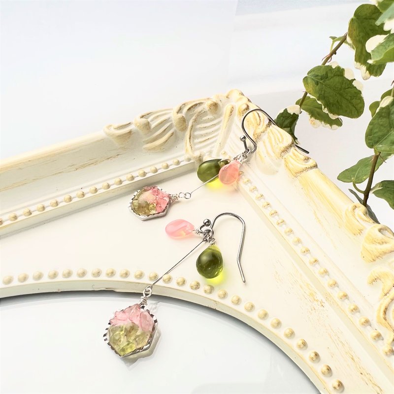 Natural stone peridot, rose quartz teardrop glass earrings_allergy-friendly_0022 - 耳環/耳夾/耳骨夾 - 半寶石 粉紅色