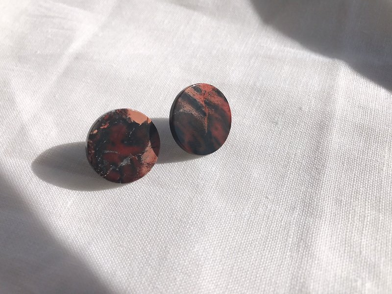 紅花瑪瑙天然石圓片耳針(夾) - 耳環/耳夾 - 寶石 紅色
