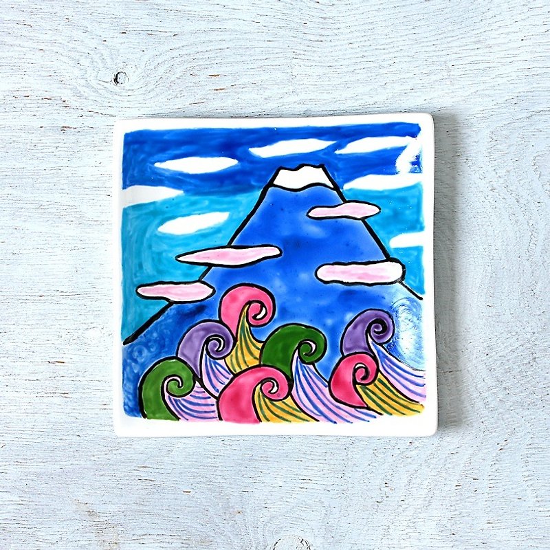 夏の富士山(波千鳥)・スクエアプレート(15cm) - 碟子/醬料碟 - 瓷 藍色