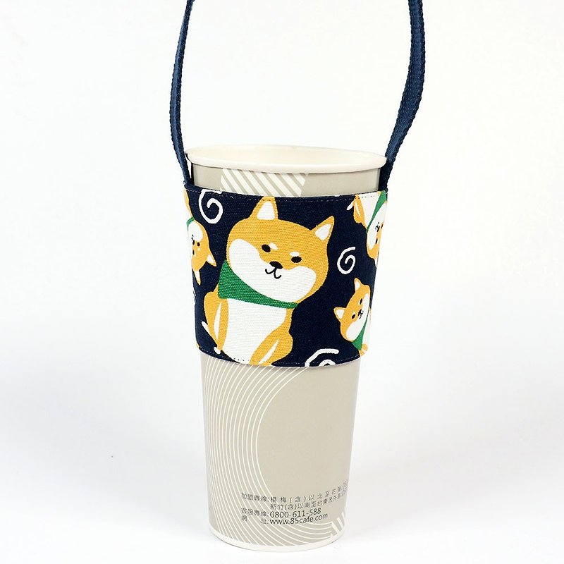 Beverage Cup Holder Eco-friendly Cup Holder Bag-Shiba Inu (Blue) - ถุงใส่กระติกนำ้ - ผ้าฝ้าย/ผ้าลินิน สีน้ำเงิน