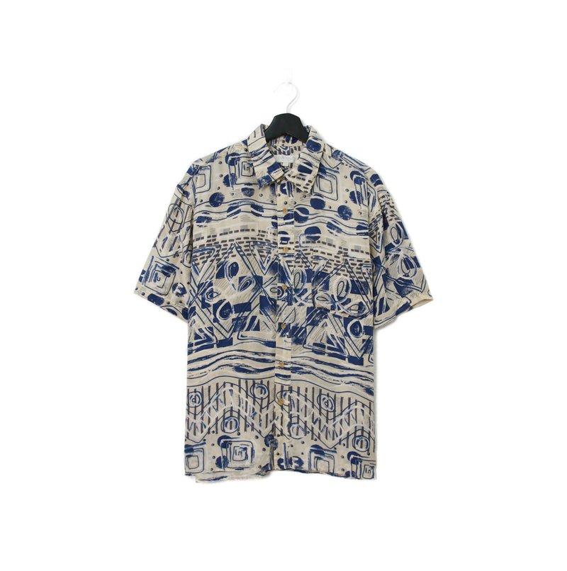 Back to Green- 短袖花襯衫 藍波浪圓點ss-19 vintage shirt - 男襯衫/休閒襯衫 - 絲．絹 