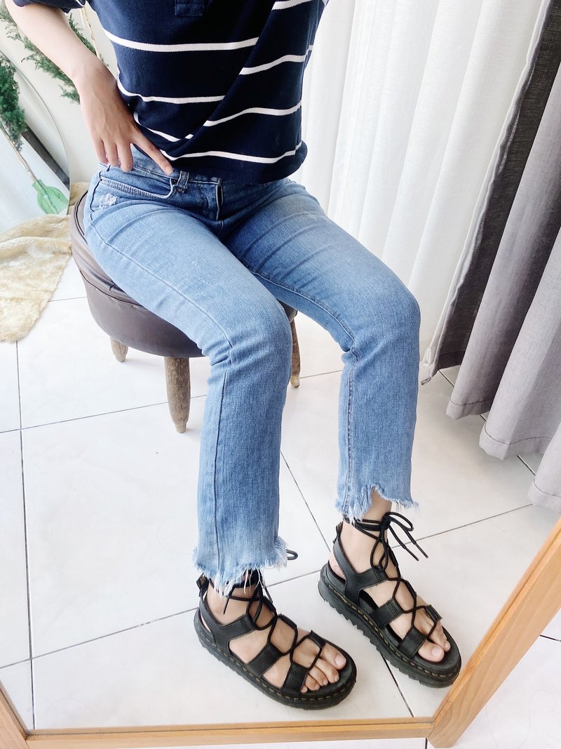 Sky, light blue, ocean, under the beard, jeans, brushed trousers, narrow tube, small bell-bottom pants, pants vintage - กางเกงขายาว - ผ้าฝ้าย/ผ้าลินิน สีน้ำเงิน