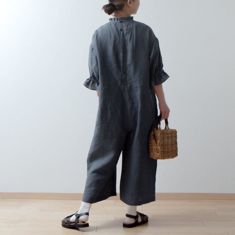 Tuck frill collar gathered half sleeve Linen all-in-one/gray - Overalls & Jumpsuits - Cotton & Hemp Gray