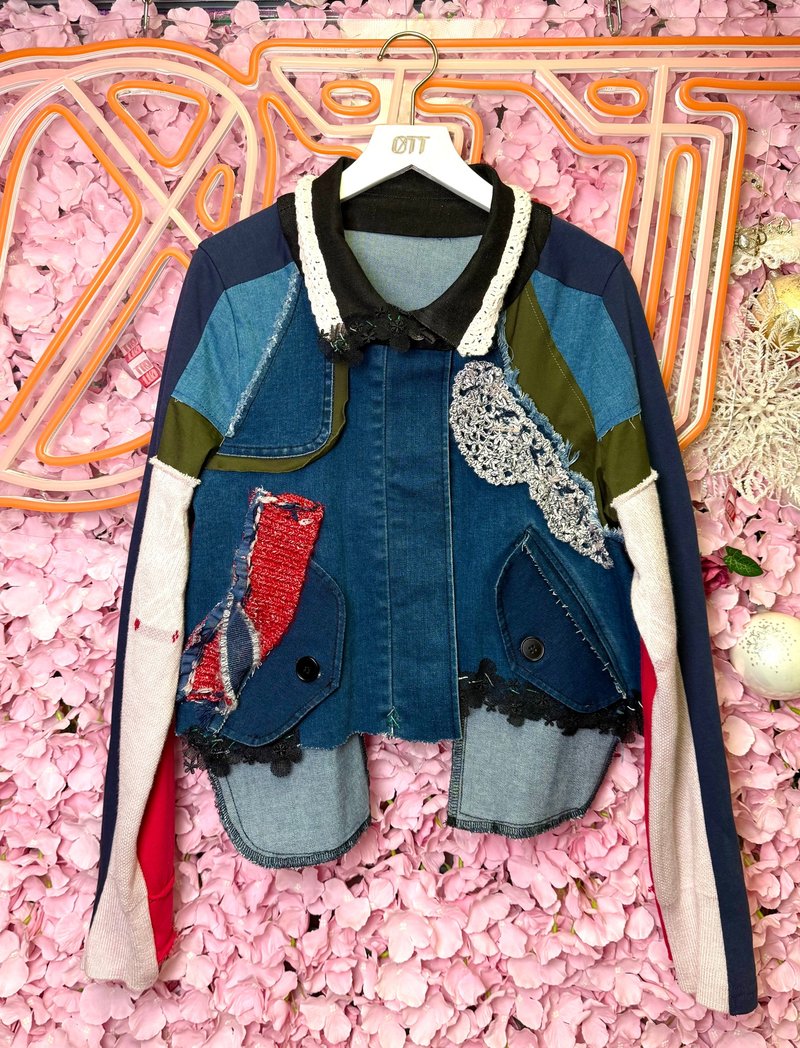 OTT獨一無二•Unique日系清新系手鉤Jacquard牛仔拼布手繡外套 - 女西裝外套 - 棉．麻 多色