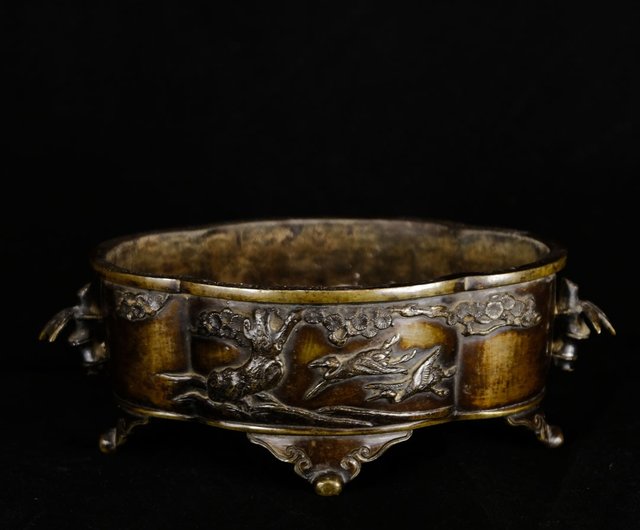 日本古美術】銅爐高浮雕花鳥紋海棠爐天然薌沉香檀香茶器香道具｜香氛