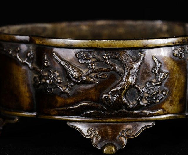 日本古美術】銅爐高浮雕花鳥紋海棠爐天然薌沉香檀香茶器香道具｜香氛