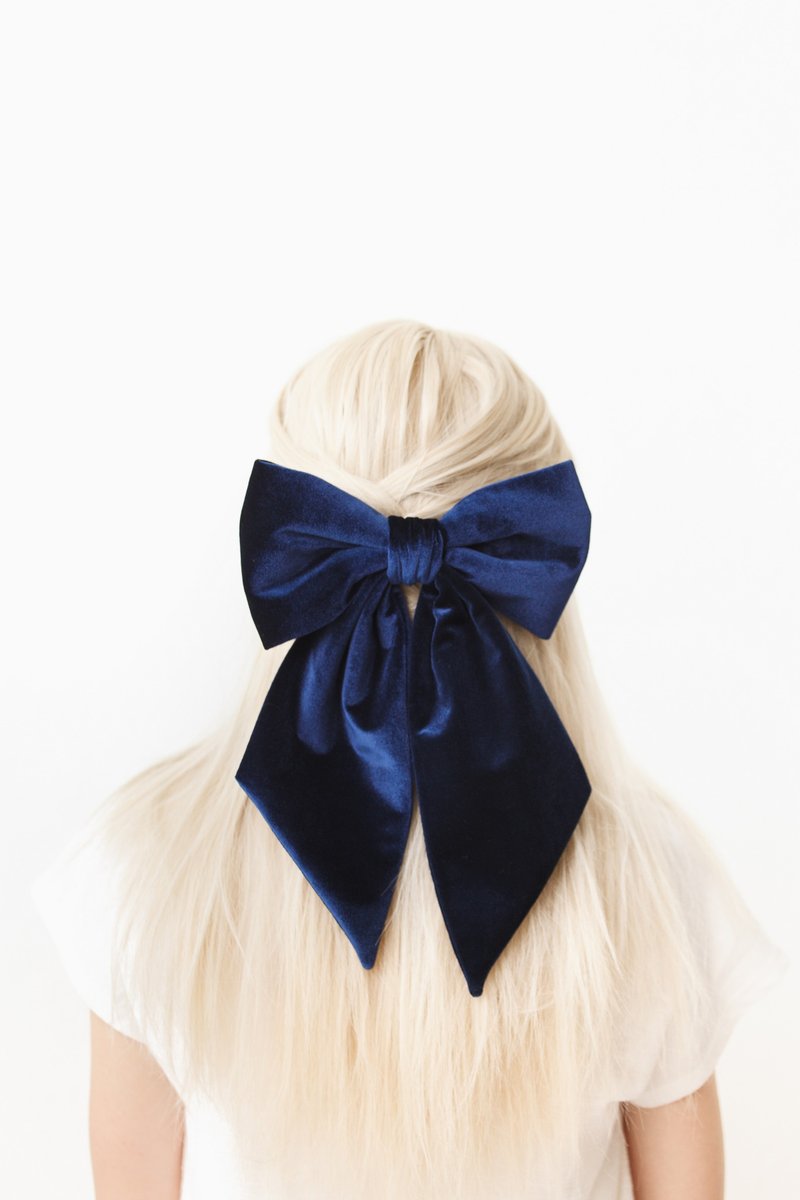 Big bow hair clip for girl, Lolita hair bow velvet, Navy blue wedding - เครื่องประดับผม - วัสดุอื่นๆ สีน้ำเงิน