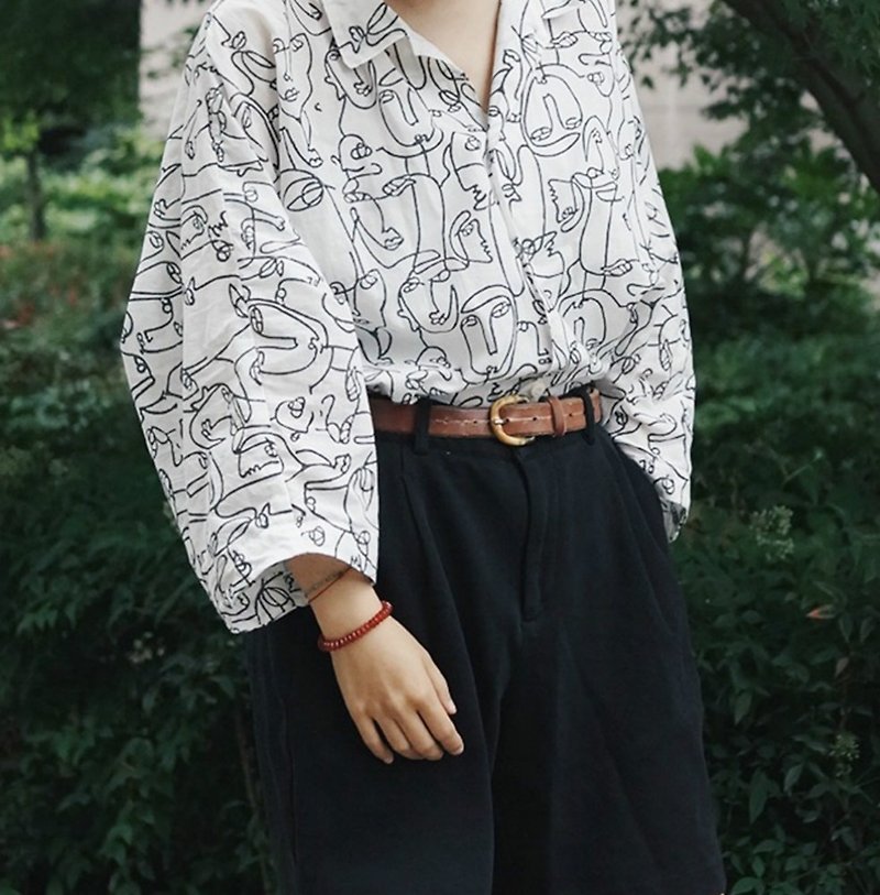 ピカソスタイルのインドバージョンプリントの薄いコットンルーズ気質シャツ通気性のあるクールなレトロな日焼け止めシャツ - シャツ・ブラウス - コットン・麻 ホワイト