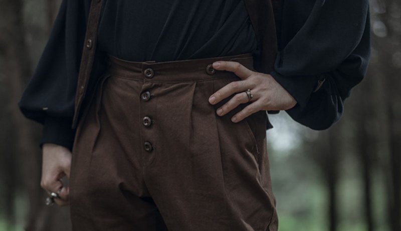 Steampunk Vintage Cotton Twill Wooden Button Trousers - กางเกงขายาว - ผ้าฝ้าย/ผ้าลินิน สีนำ้ตาล