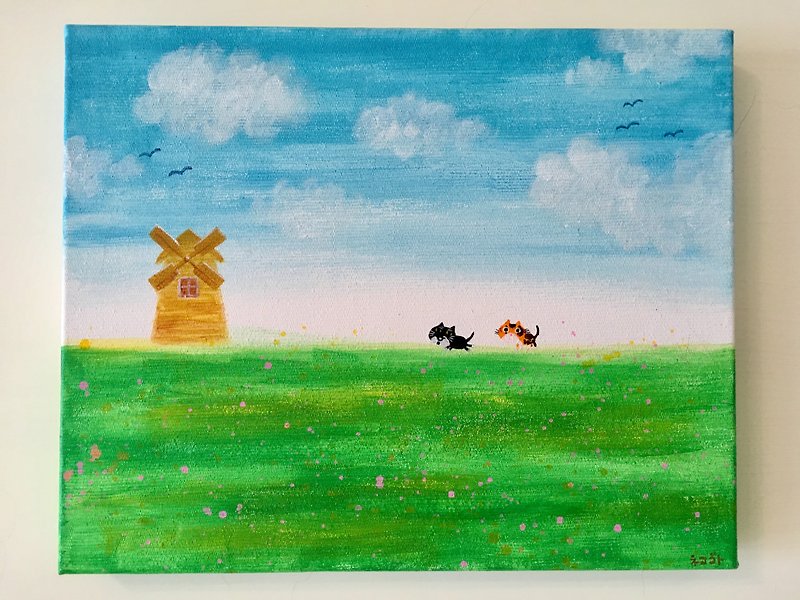 The grassland where the cats are running together ~ original painting creation - โปสเตอร์ - อะคริลิค 