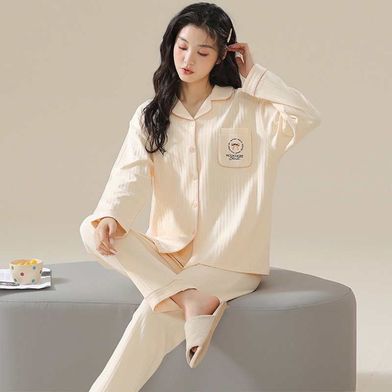 Pink Lady 排扣式 香芋奶蓋 印花寬版 秋冬長袖成套睡衣 居家服 - 睡衣/家居服 - 其他人造纖維 黃色