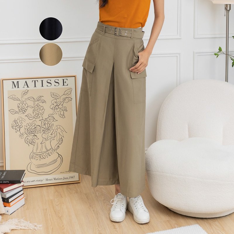 【MEDUSA】Big Box Pleats Detail Tencel Wide-leg Trousers - กางเกงขายาว - ผ้าฝ้าย/ผ้าลินิน สีกากี