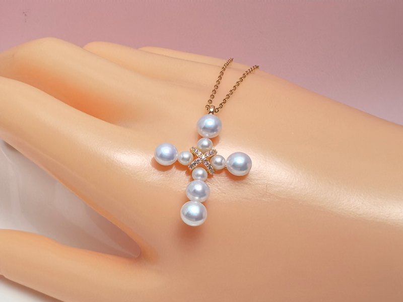 Cross natural freshwater pearl aurora colorful Silver pendant gift necklace - สร้อยคอ - ไข่มุก ขาว