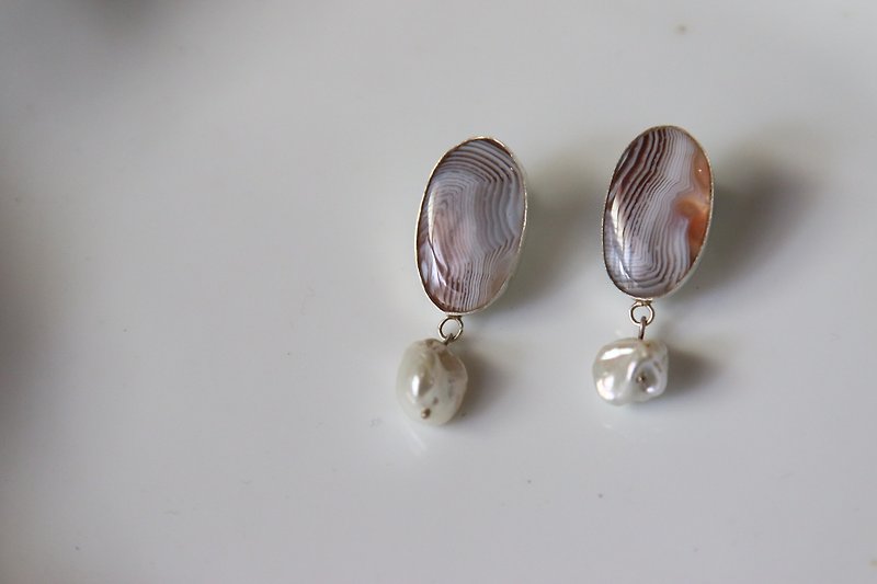 天然瑪瑙珍珠耳環 - 耳環/耳夾 - 純銀 銀色