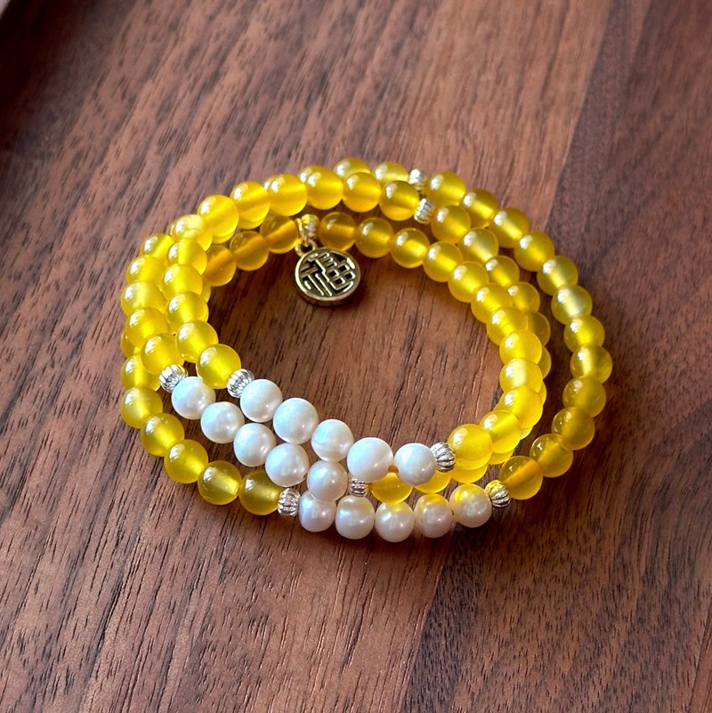 [Three Rings] Yellow Agate | Freshwater Pearl | Gold-plated three-ring thin bracelet - Bracelets - Semi-Precious Stones Yellow