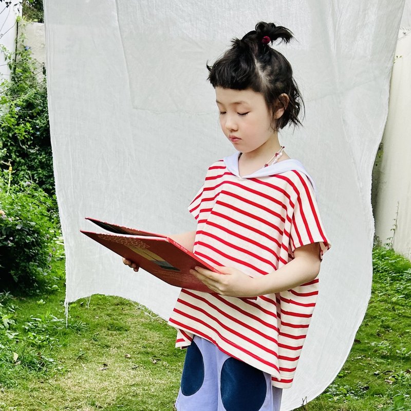 Red and white striped navy collar knitted top/short-sleeved parent-child clothing for children - Tops & T-Shirts - Cotton & Hemp Red