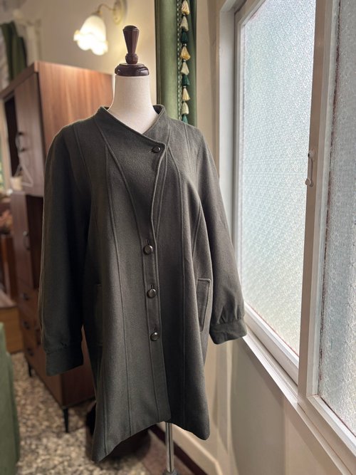 【藏私‧Collection】 喀什米爾混墨綠和風領古著大衣日本製