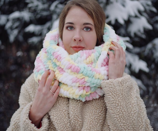 Fluffy puffy gentle warm scarf snood hand knitted tube one turn free  shipping - Shop HansaShop Knit Scarves & Wraps - Pinkoi