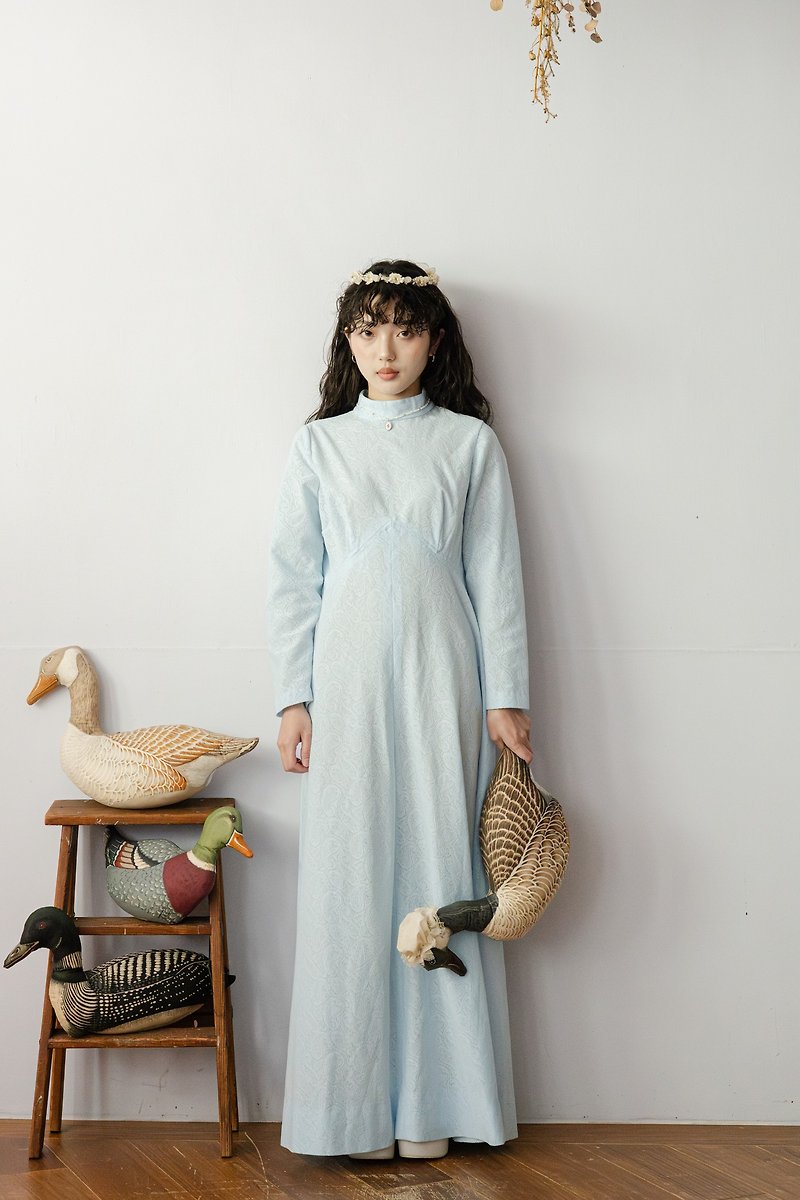 Niao Niao Department Store-Vintage light blue amoeba print embossed high collar American dress - One Piece Dresses - Other Man-Made Fibers 